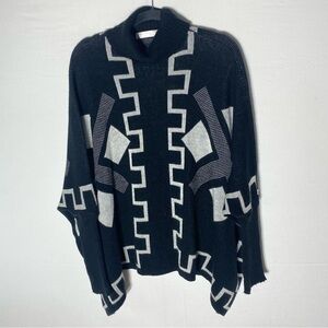 Antonella Fashion Black Grey Geometric Knit Turtleneck Square Poncho Sweater L